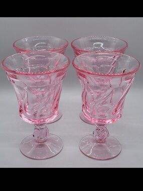 Fostoria Jamestown Pink Swirl Goblets Set 4 UV Glow Vintage Wine Water Glasses